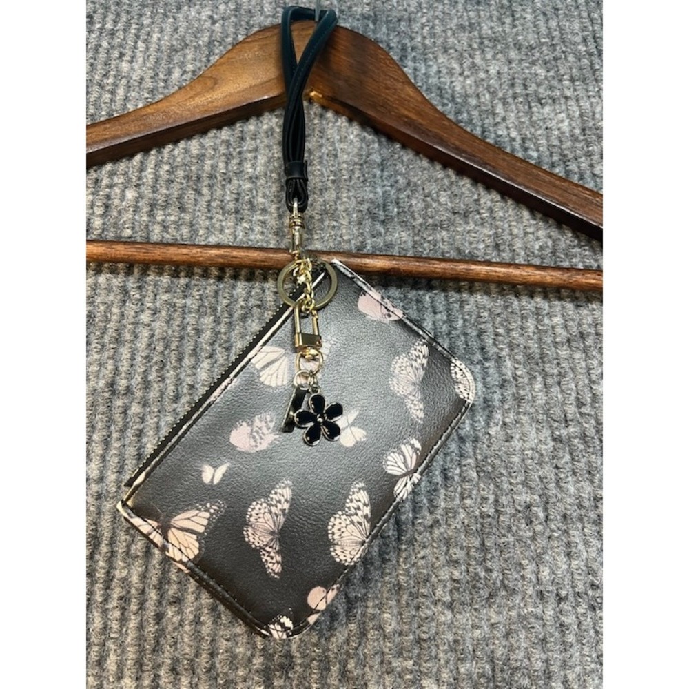 Black Butterfly Print Wristlet Wallet Card Holder Zip Pouch Gold Tone Hardware - Picture 2 of 4
